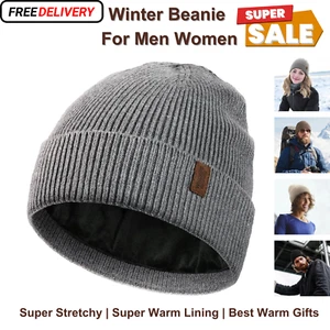 Fleece Lined Winter Beanie for Men & Women, Warm Knit Hat, Ski Cap, Cuffed - Picture 1 of 7