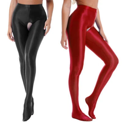Damen Hochglanz Wetlook Strumpfhose Schritt offen Satin Dessous Glanzstrumpfhose - Bild 1 von 4