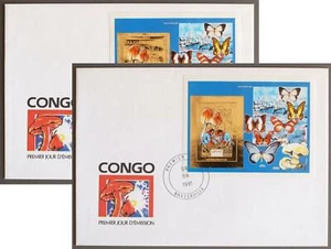 Hojas de oro CONGO 1991 HONGO, exploración, mariposa, imperf + perf ¡fdc! - Imagen 1 de 3