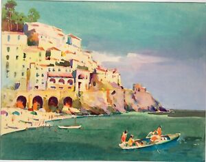 Beautiful 1950s Painting of a European Coastal Scene, Italy? South of France?