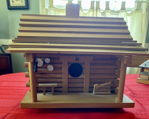 Log Cabin Style Bird House Natural Wood Handcrafted by Ernest Hines Jr 11x11x11 Cover