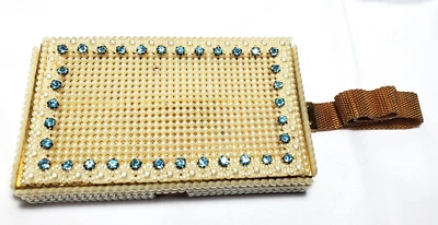 Estuche de Maquillaje Vintage Azul Perla Estrás Lápiz Labial Espejo Peine Bolso sin asas Foto 1 de 4