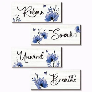 Set of 4 Blue Bathroom Decor With Navy Blue Flower Wall Decor Inspire Relax S - Picture 1 of 7