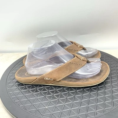 Sandalias Olukai Nui Hombre Talla 9 Zapatos Cuero Marrón Tanga Chanclas Sin Cordones Foto 1 de 4