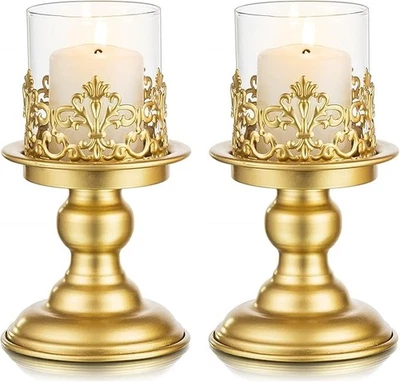 Gold Metal Pillar Candle Holders Vintage Table Centerpiece Decor Set - Image 1 of 4