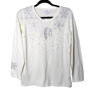 Quacker Factory Snowflake Sweater XS Cream V-Neck Rhinestone & Pearl Embellished - Picture 1 of 10