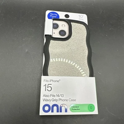 ONN Fits iPhone 15/14/13/16e Wavy Grip Phone Case Black And Clear With Sparkles - Image 1 of 2