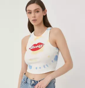 GUESS Lips Logo Tank Top Women's L Pure White Multi Crewneck Sleeveless Pullover - Picture 1 of 14