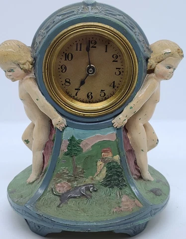 Antique 1920's LUX Clock Co. Figural Cherub Painted Metal Novelty Desk Clock Cover