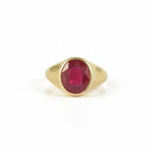 14k Solid Yellow Gold Natural Red Ruby Gemstone Solitaire Signet Ring - Picture 1 of 5