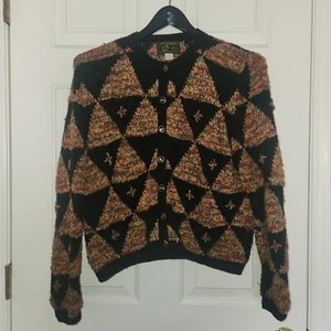 VTG SOUTH WOOL Hand Knit Bolivia Sweater Black Colorful Geo Cardigan Buttons L - Picture 1 of 6