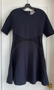 Lela Rose $1200 Navy Blue Knit Short Sleeve Eyelet Lace Fit Flare Dress Sz M - Picture 1 of 9