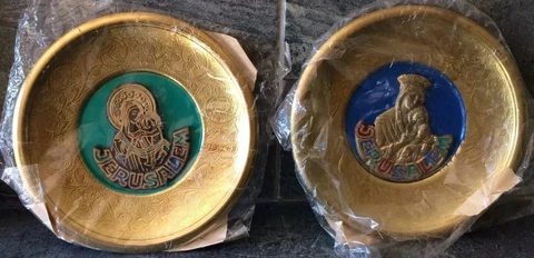 Vtg Mid Century Gold Enamel JERUSALEM Wall Art Metal Plates MCM LOT OF 2 NOS Cover