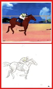 Original GOLDEN BOY Anime Animation Cel/Drawing - Race Horse/Jockey + printed BG - Picture 1 of 3
