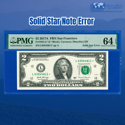 2017A $2 Two Dollars Bill, SOLID ((OVER INKED)) STAR NOTE ERROR, PMG CU 64 EPQ - Image 1 of 2