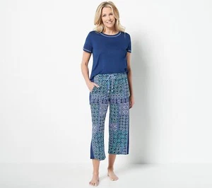 Cuddl Duds Cool & Airy Ultra Cropped PJ Set-Navy/Mosaic-Petite Medium-A476009 - Picture 1 of 1