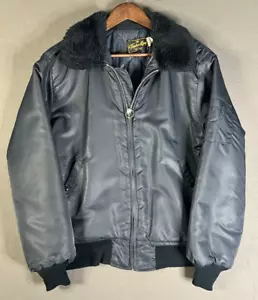 VINTAGE Timber King Bomber Jacket Adult Medium Navy Sherpa Collar USA Flight - Picture 1 of 11