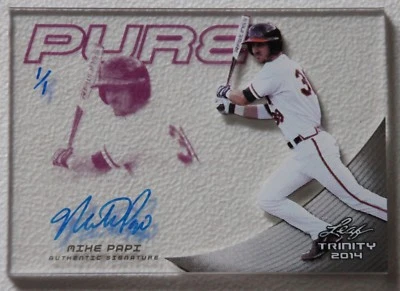 2014 LEAF TRINITY PURE MIKE PAPI #1/1 PURPLE FUCHSIA AUTO CLEVELAND INDIANS RC - Image 1 of 2