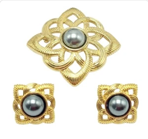 Vintage Gold & Grau Avon Brosche & Ohrringe Set Keltische Knoten Cabochon - Bild 1 von 5