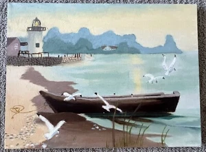 Vintage Oil Painting Seascape Boats Beach Seagulls 12”x16” - Picture 1 of 5