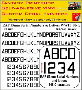 RC Vinyl Sticker Decals RAF LETTERS NUMBERS 55mm PRE CUT FPRC905 BLACK GLOSS - Picture 1 of 3
