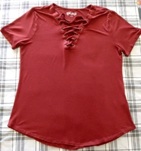 MUDD Womens Short Sleeve Laced Front Neck Dark Brown Size Large Rayon - Picture 1 of 6