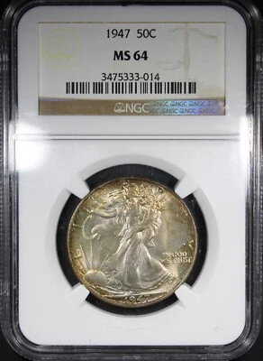 1947 Walking Liberty Half Dollar NGC MS64 Rim Toned Coin Attractive Color - Image 1 of 2