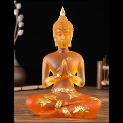 ESTATUA DE BUDA SHAKYAMUNI 4.5" Naranja Esmalte Transparente Resina Oro Flor Estatuilla Rápida Foto 1 de 4