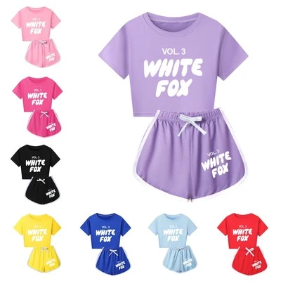 Kids Girls White Graphic Print Foxes Tracksuit Short T-shirt Pants Outfits Sets