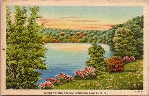 Postal de lino Saludos desde ONEIDA LAKE Nueva York c1945 - Imagen 1 de 2