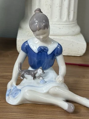 Bing Grondahl  - 2329 Girl with Cat - Denmark Porcelain 5” Tall 1911 - Image 1 of 4