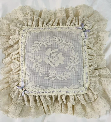 Vintage Lace Throw Pillow Ivory Lavender Ribbon Cottage Core Shabby Chic 10"x10" - Image 1 of 4