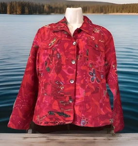 Coldwater Creek Floral Red Batik Batch Button Up Silk Blend Career Blazer Sz PS - Picture 1 of 6
