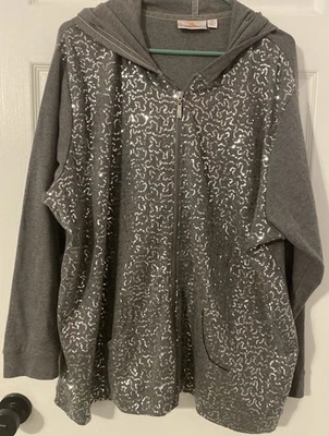 Quacker Factory 3X Gray Sequins Full Zip Stretch Long Sleeve Jacket Festive - Image 1 of 4