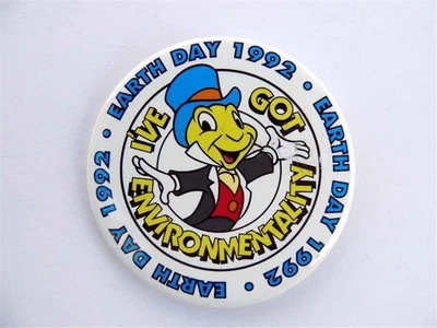 Jiminy Cricket DISNEY 1992 DÍA DE LA TIERRA tengo medio ambiente botón Pinback Foto 1 de 3