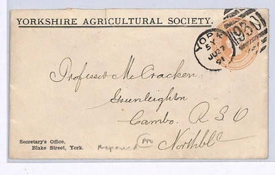GB QV Cubierta *YORKSHIRE AGGROPECUAR SOCIETY* 1d Papelería Rosa 1891 York XG145 Foto 1 de 4