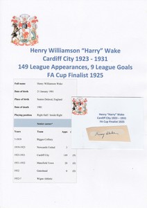 HARRY WAKE CARDIFF CITY 1923-1931 VERY RARE ORIGINAL HAND SIGNED CUTTING/CARD