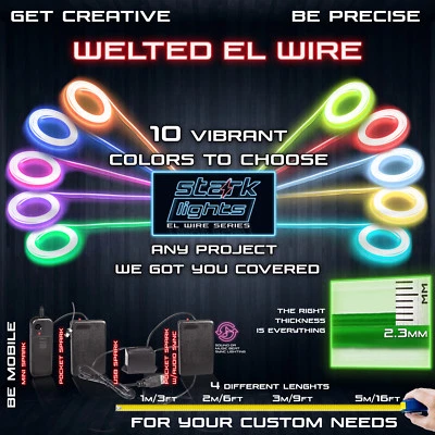 STARK Welted Neon LED Light Glow EL Wire + Control String Strip Rope Tube 2.3mm Thick