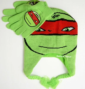 Teenage Mutant Ninja Turtles BEANIE HAT Set Gloves Earflap Raphael New Gift - Picture 1 of 5