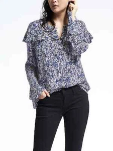 Banana Republic Easy Care Multi Flounce Shirt Top Blue Polyester Size M NWHT - Picture 1 of 8
