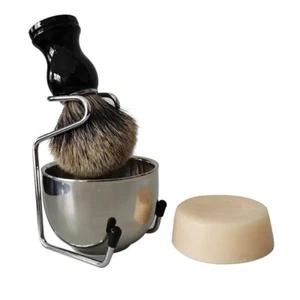 4PC Men Badger Hair Shaving Brush Stainless Steel Mug Bowl Stand Holder Set Kit - Picture 1 of 16