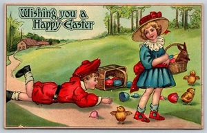 Vintage Postcard Easter Boy - Girl Baby Chicks Eggs *A4521 - Picture 1 of 2