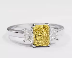 Lab Grown 3 Diamond Ring 1.78 Tcw Radiant Cut Yellow Side Trapezoid IGI - Picture 1 of 8