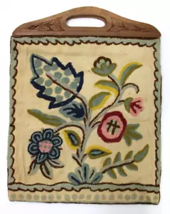 Vintage CREWEL Bag EMBROIDERED Handmade Purse Carved Wood Handle Tote Purse - Picture 1 of 12