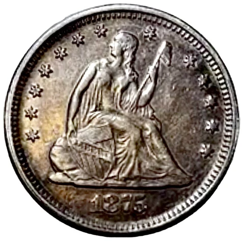 1875 Seated Liberty Quarter, Good Luster, BU, Nicely Toned, Scarce In Grade Cover