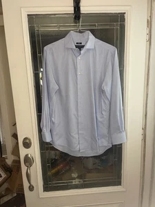 Pronto Uomo Men's Blue Herringbone Long Sleeve Button Up Shirt Size 15.5 32/33 - Picture 1 of 5