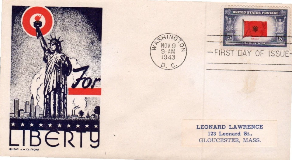 WW2 OVERRUN COUNTRIES ALBANIA #918 NOV 9 1943 WASHINGTON DC FIRST DAY COVER - Image 1 of 1