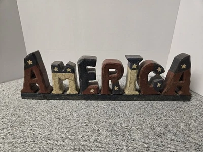 Patriotic AMERICA Wood Shelf Sitter Sign Rustic Red White Blue Stars Decor - Image 1 of 4