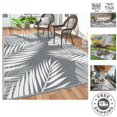 9' x 12' Waterproof Reversible Outdoor Rug for Patios & Camping - Grey & White - Image 1 of 4