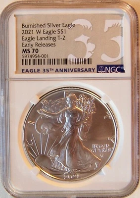 2021 W Burnished Silver Eagle T-2 NGC MS70 Eagle Landing Early Releases - Image 1 of 2